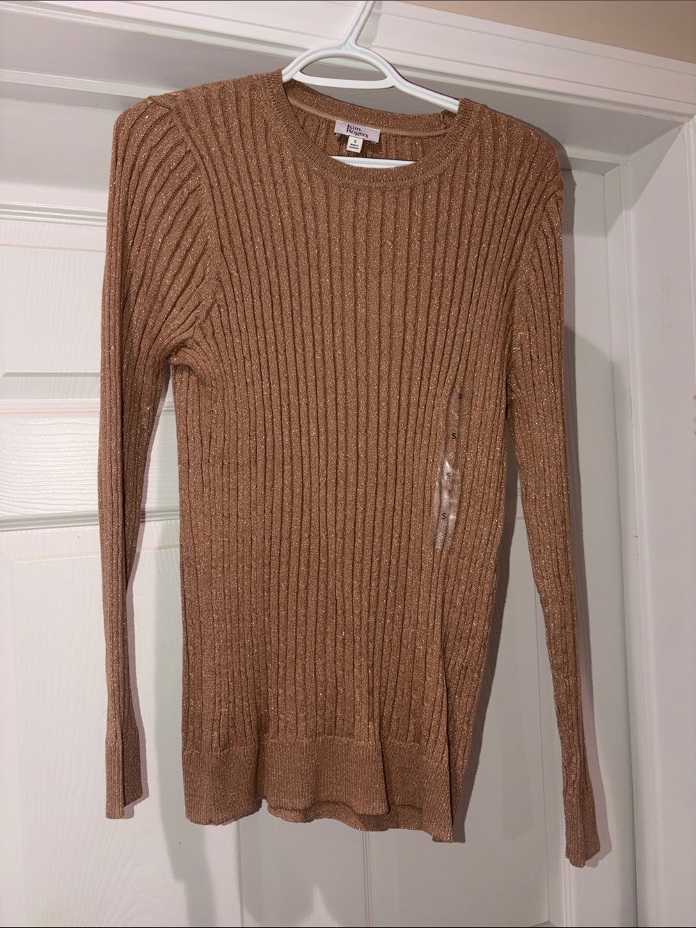 NEW Kim Rogers  Metallic Ribbed Crewneck Sweater - Camel Brown- Small